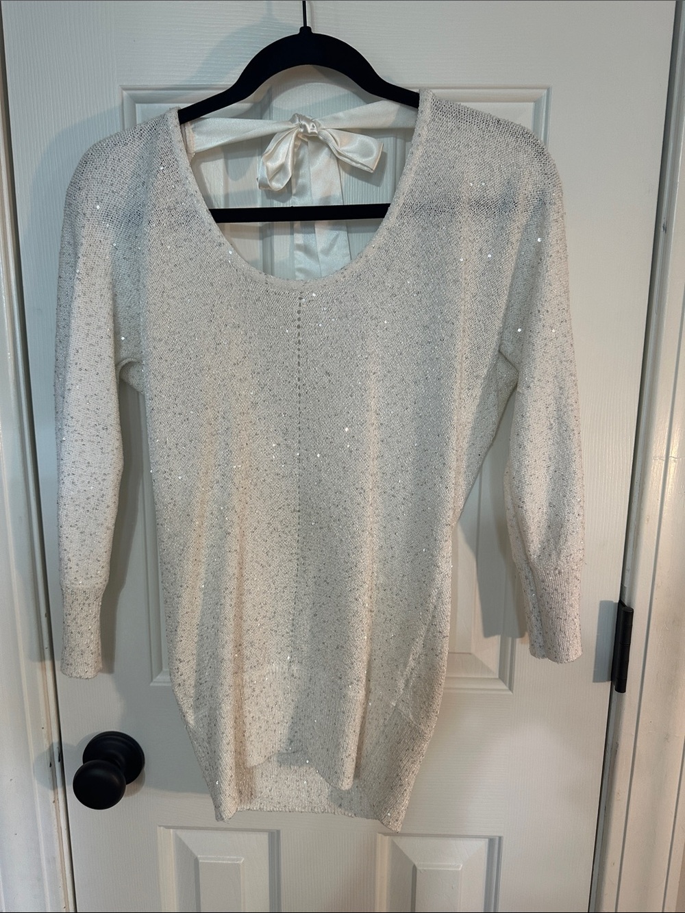 White House Black Market White Sequin Scoop Neck Sweater